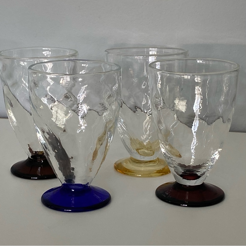 Hand Blown Glasses Goblets Set Of 4 Multi Colored Clear Tops Vintage EUC Cobalt